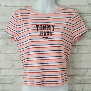 Tommy Jeans Y2K Style Striped Cropped Womens Blouse Size Medium Blue Pink Red